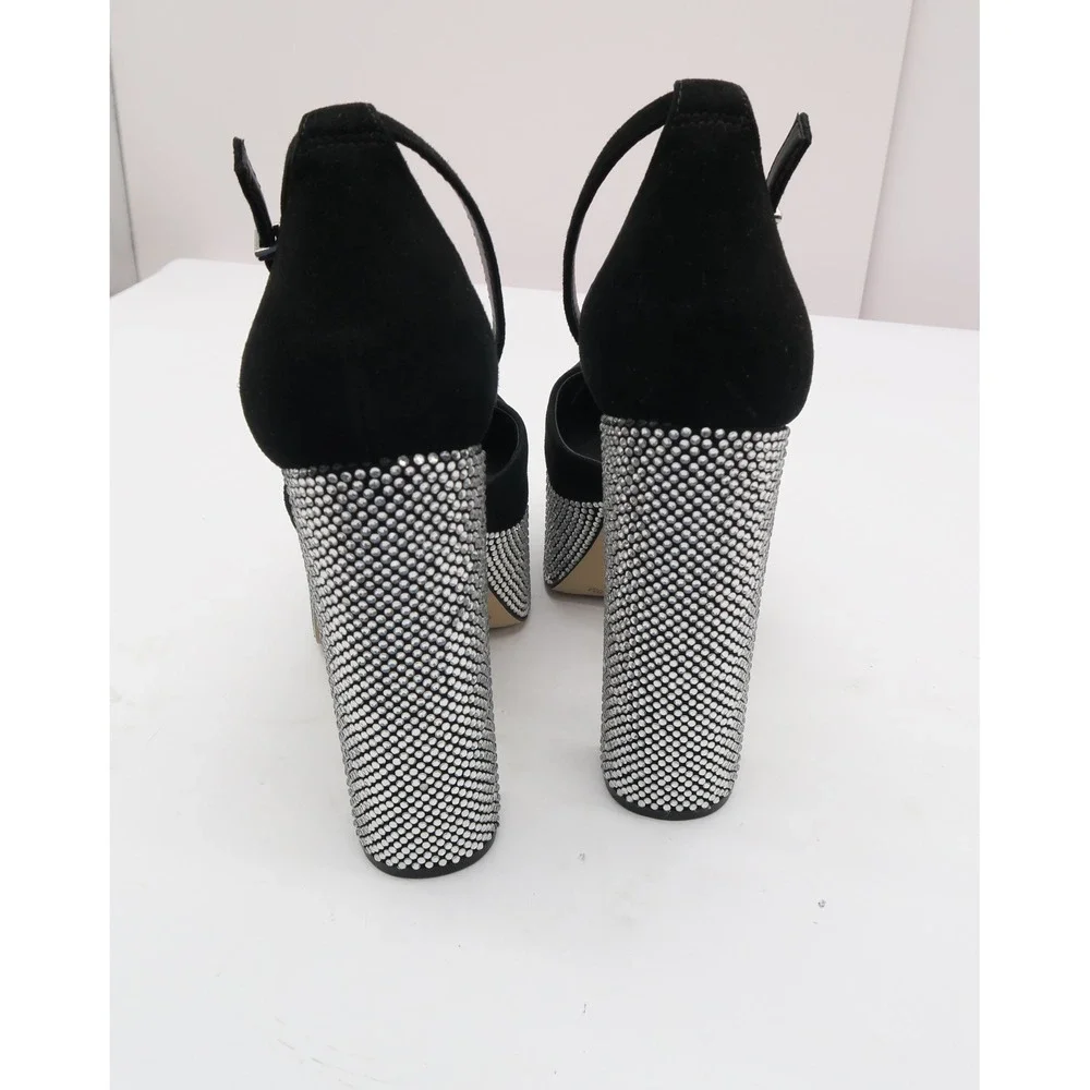 Gianni Bini Rhinestone Platform Heels Black Suede Block Heel Ankle Strap Pumps 8